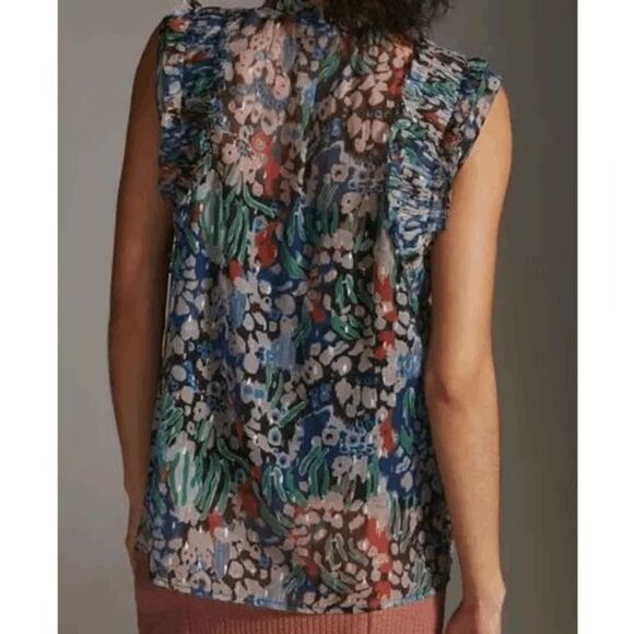 Anthropologie Let Me Be Metallic Sheer Floral Preppy Ruffle Career Top size XS - Picture 4 of 11